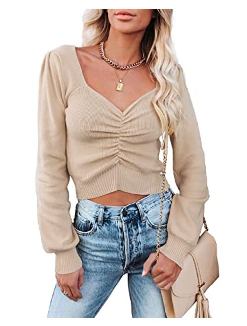 PRETTYGARDEN Women’s Chic V Neck Long Sleeve Knit Ruched Tops Ribbed Off Shoulder Crop Pullover Sweater