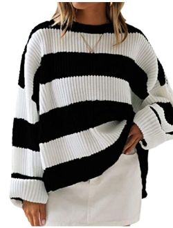 Women's Long Sleeve Crew Neck Striped Color Block Comfy Loose Oversized Knitted Pullover Sweater
