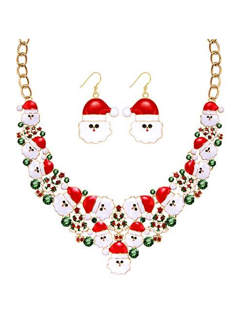 M MIRACULOUS GARDEN Glitter Rhinestone Enameled Xmas Holiday Jewelry Maple Leaf Christmas Santa Snowflake Bow Necklace Dangle Earrings Set