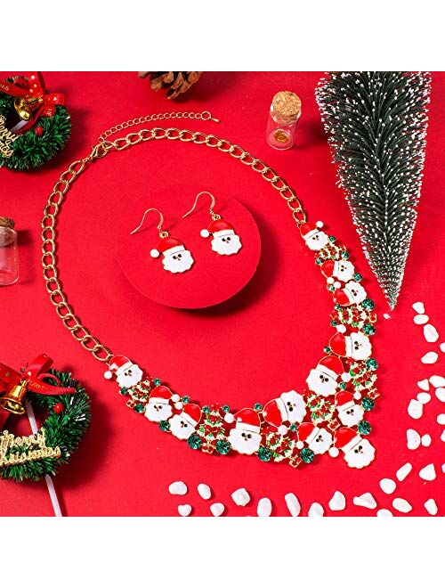 M MIRACULOUS GARDEN Glitter Rhinestone Enameled Xmas Holiday Jewelry Maple Leaf Christmas Santa Snowflake Bow Necklace Dangle Earrings Set