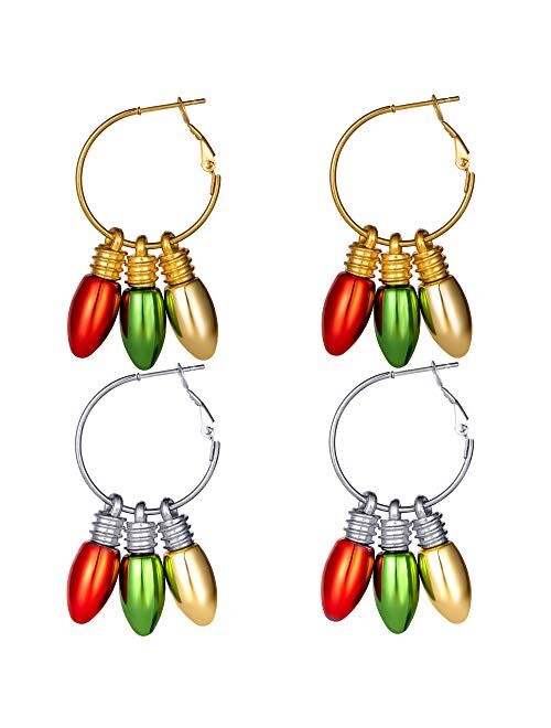 Christmas Earrings for Womens Girls, Thanksgiving Xmas Holiday Hoop Loop Earrings Light Bulb Bell Snowflake Drop Dangle Earrings Set