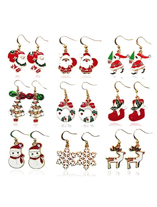 EVERLEAD 9 Pair Christmas Earrings for Women, Christmas Jewelry for Women Bulk Best Gift Decoration Xmas Party Gifts with Christmas Bag