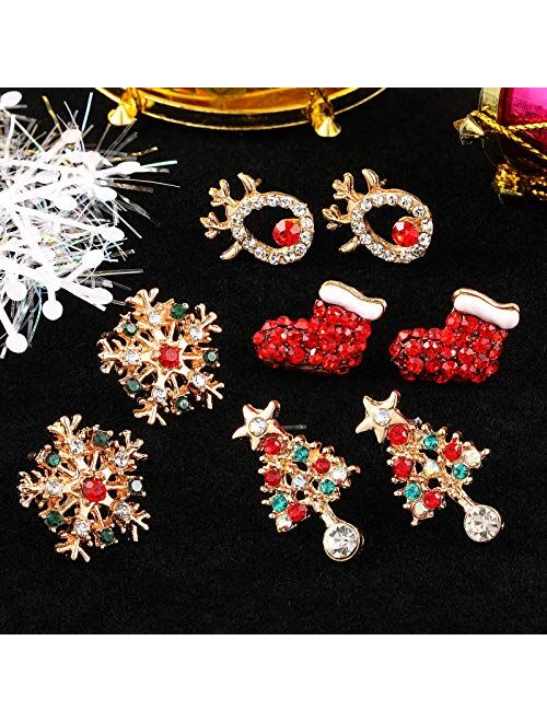 9 Pairs Christmas Crystal Earrings Set Xmas Style Stud Earring Snowflake Christmas Tree Elk Bell Star Drop Dangle Earrings for Girls Women