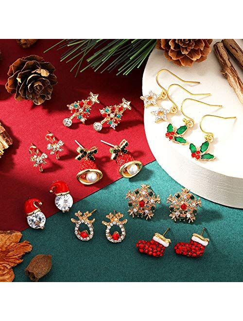 9 Pairs Christmas Crystal Earrings Set Xmas Style Stud Earring Snowflake Christmas Tree Elk Bell Star Drop Dangle Earrings for Girls Women