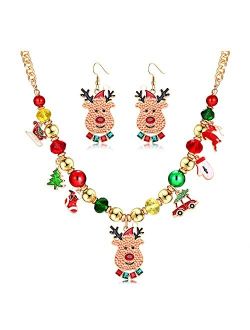 Christmas Necklace Earrings for Women Holiday Snowflake Reindeer Santa Clause Pendant Collar Necklace Xmas Themed Drop Dangle Earrings Festive Jewelry Set Gifts