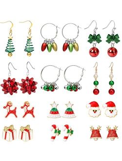 12 Pairs Christmas Earrings for Women Holiday Earrings for Girls Bow Bell Candy Santa Claus Reindeer Earrings for Christmas