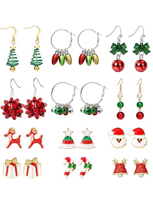 12 Pairs Christmas Earrings for Women Holiday Earrings for Girls Bow Bell Candy Santa Claus Reindeer Earrings for Christmas