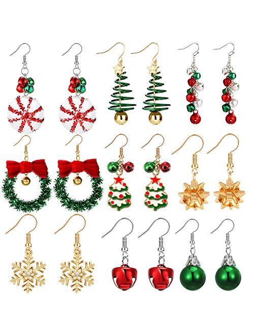 9 Pairs Christmas Dangle Earrings Set with Bell Christmas Trees Snowflakes Christmas Drop Earrings for Women Girls Xmas