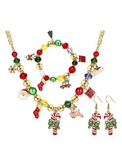 Christmas Jewelry Sets for Women Xmas Enamel Candy Cane Christmas Tree Reindeer Santa Socks Pendant Beaded Necklace Bracelet and Dangle Earrings Holiday Jewe