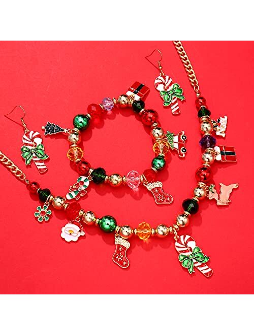 Christmas Jewelry Sets for Women Xmas Enamel Candy Cane Christmas Tree Reindeer Santa Socks Pendant Beaded Necklace Bracelet and Dangle Earrings Holiday Jewe