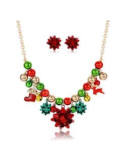 Christmas Necklace Earrings Set Statement Xmas Charm Jingle Bell Chunky Collar Gift Bow Pendant Necklace Stud Earrings Set (gift bow)