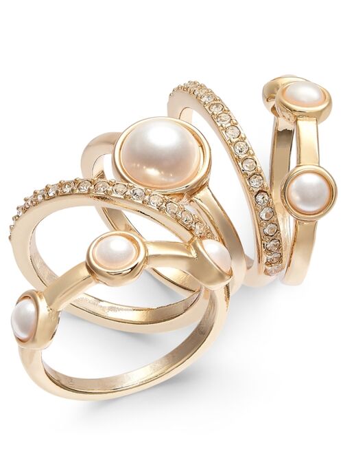 INC International Concepts Gold-Tone 5-Pc. Set Pavé & Imitation Pearl Stackable Rings, Created for Macy's
