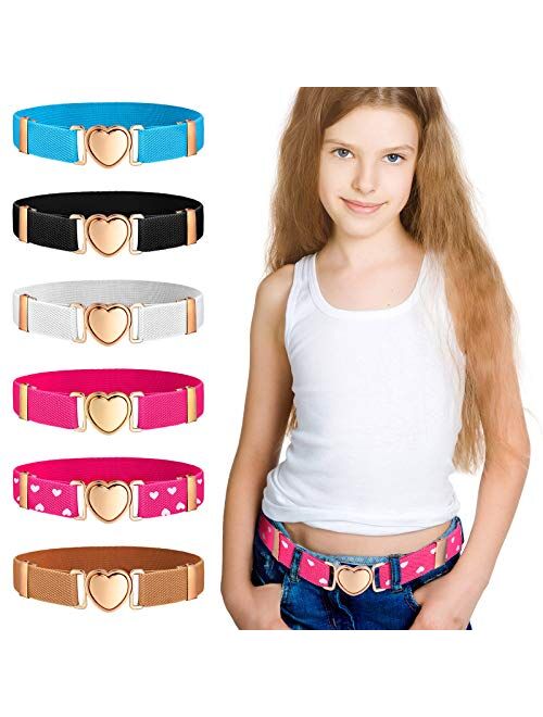 6 Pieces Kids Elastic Stretch Belts Girl Waist Belt Adjustable Uniform Belt for Teen Kids Girls Dresses Heart Belt, 6 Styles
