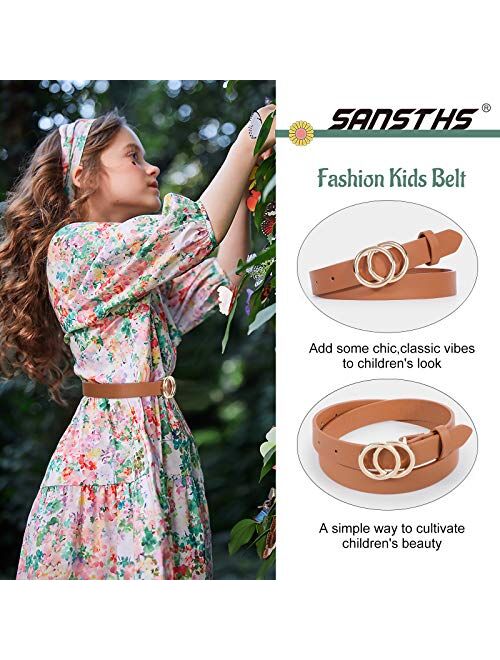 2 Pack kids Leather Belts,SANSTHS Faux Leather Jeans Belt for Girls with Double O-Ring Buckle for teen
