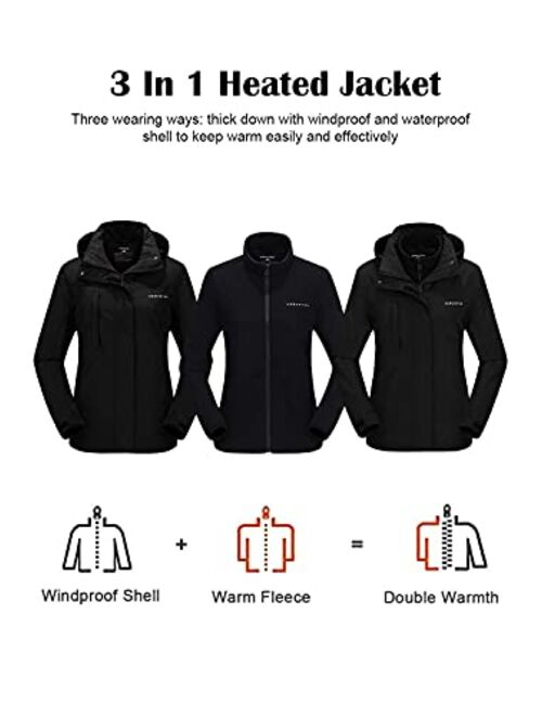 Venustas Women's 3-in-1 Heated Jacket with Battery Pack 7.4V, Ski Jacket Winter Jacket with Removable Hood Waterproof