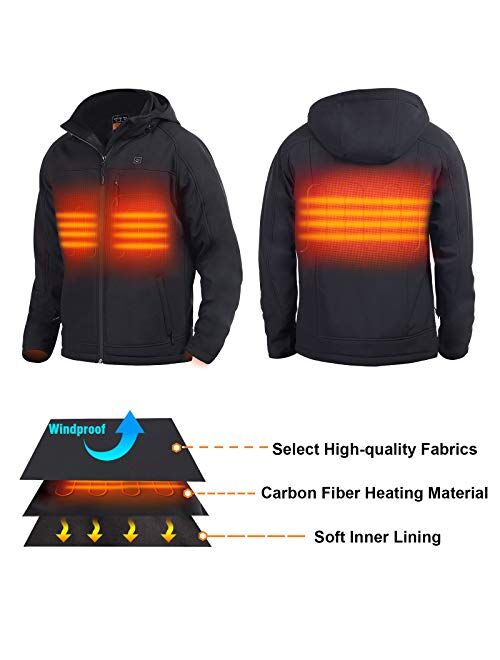 Men's Soft Shell Heated Jacket with Detachable Hood with Battery and Charger, Windproof Electric Coat Outerwear for Men