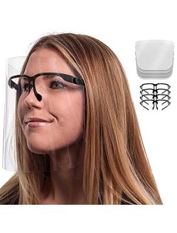 Salon World Safety Face Shields with Glasses Frames (Pack of 4) - Ultra Clear Protective Full Face Shields to Protect Eyes, Nose, Mouth - Anti-Fog PET Plastic