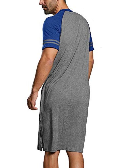 Gafeng Mens Nightshirt Long Sleep Shirts Short Sleeve Nightgown Night Sleepwear Oversized Henley Neck Raglan Nightwear