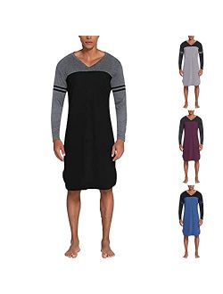 JSPOYOU Mens Nightshirt Long Sleeve V Neck Cotton Nightgown Big & Tall Comfy Soft Pajamas Casual Loose Modal Lounge Sleepwear