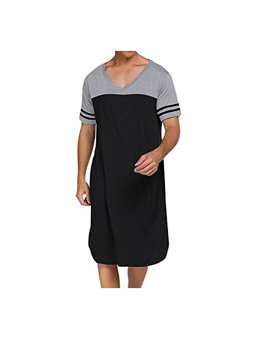 Mens Casual Nightshirt V Neck Short Sleeve Loose Comfy Nightgowns Long Tshirts Pajamas Nightwear Sleepwear Lounge Robe