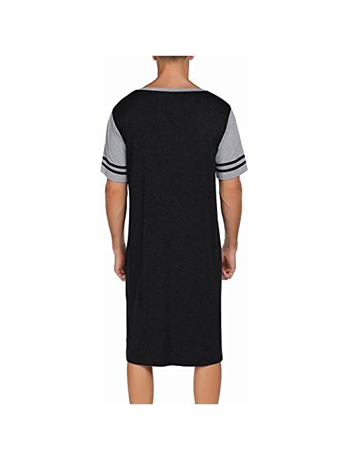 Mens Casual Nightshirt V Neck Short Sleeve Loose Comfy Nightgowns Long Tshirts Pajamas Nightwear Sleepwear Lounge Robe