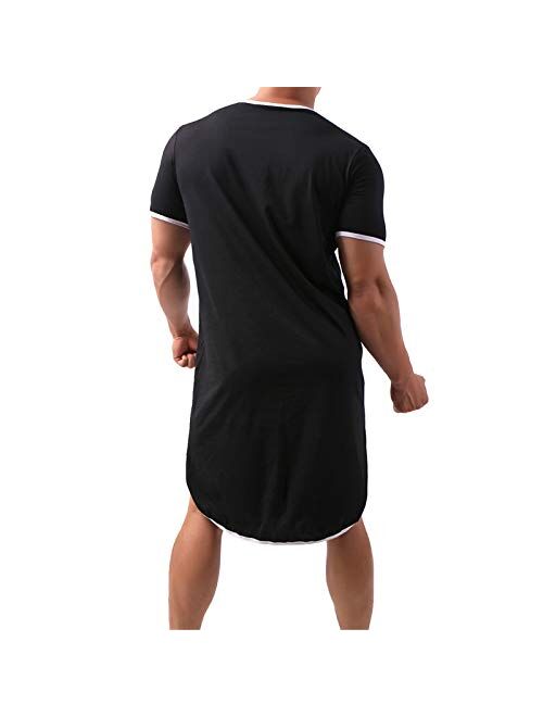 WINTOFW Men's Nightshirt Cotton Nightwear Comfy V Neck Short Sleeve Soft Loose Nightgown Pajamas Sleepwear