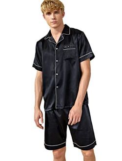 Men's Silk Pajama Set Satin Lapel V Neck Button Front Pocket Short Sleeve Solid Lounge Set Sleepwear