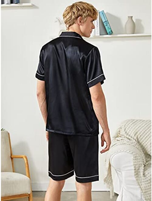 Romwe Men's Silk Pajama Set Satin Lapel V Neck Button Front Pocket Short Sleeve Solid Lounge Set Sleepwear