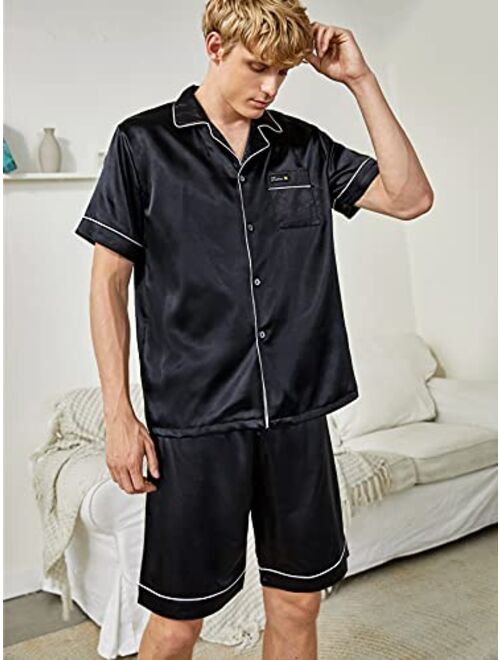 Romwe Men's Silk Pajama Set Satin Lapel V Neck Button Front Pocket Short Sleeve Solid Lounge Set Sleepwear