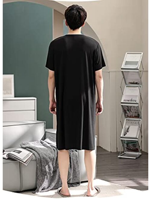 LZJDS Men's Modal Nightshirt Nightwear Comfy Big&Tall Short Sleeve Henley Sleep Shirt,Gray,XXL