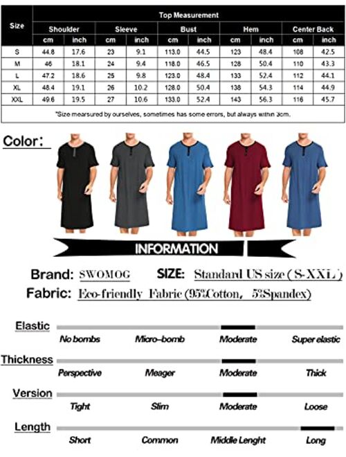 SWOMOG Men's Nightshirt Soft Nightgown Short Sleeve Big & Tall Comfy Loose Henley Sleepshirt