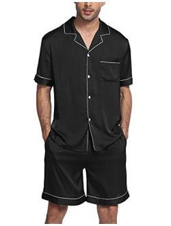 Men's Satin Pajamas Shorts Sets Button-Down Short Sleeve PJ Sets Sleepwear Loungewear Nightwear