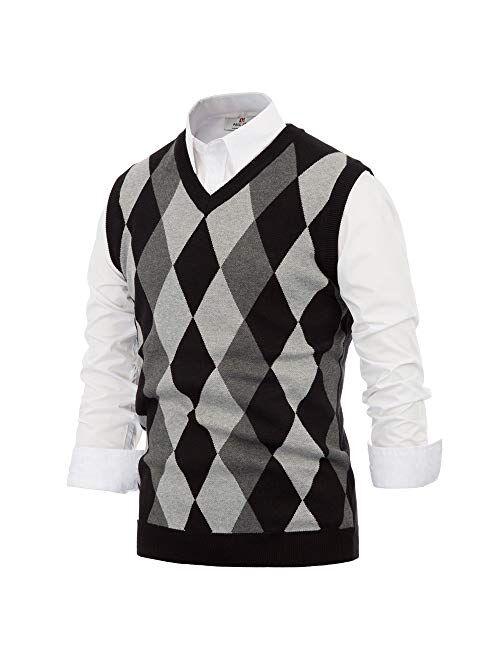 PJ PAUL JONES Mens Casual Argyle Sweater Vest V-Neck Sleeveless Pullover Knitwear Vests