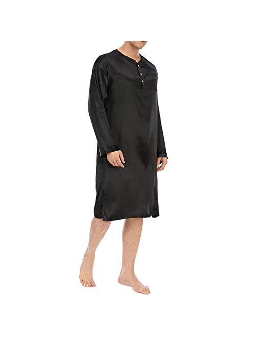 ZYX Men's Nightgown Long Sleeve Comfy Soft Sleepwear Plain Nightgown Pajamas L-3XL (Color : Black, Size : XXX-Large)