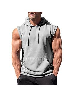 OEAK Mens T Shirt Hooded Workout Tank Tops Sleeveless Hoodies Muscle Shirt Gym Training Blouse with Athletic Pockets