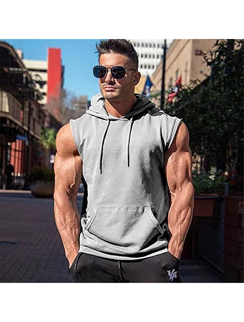 OEAK Mens T Shirt Hooded Workout Tank Tops Sleeveless Hoodies Muscle Shirt Gym Training Blouse with Athletic Pockets