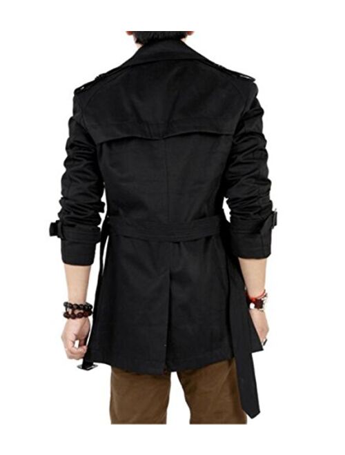 GESELLIE Men's Slim Double Breasted Trench Coat Belted Long Jacket Overcoat Outwear