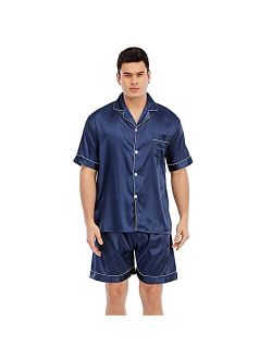 JYHER Mens Satin Pajamas Set,Classic Short Sleeve and Shorts Sleepwear Pjs Set for Men