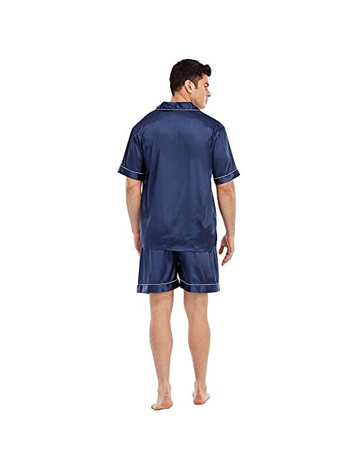 JYHER Mens Satin Pajamas Set,Classic Short Sleeve and Shorts Sleepwear Pjs Set for Men