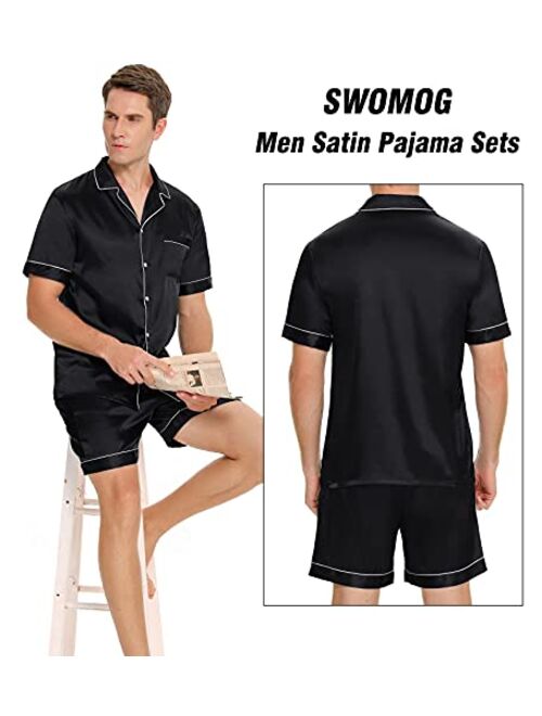 SWOMOG Men Silk Satin Pajamas Sets Short Sleeve Sleepwear Button-Down PJs Sets Two-Pieces Loungewear with Pockets