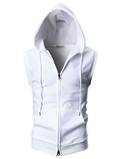Ohoo Mens Slim Fit Sleeveless Lightweight Zip-up Hooded Vest With Zipper Trim