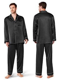 SIORO Mens Silk Satin Pajama Sets, Long Sleeve Button Down PJ Set with Pocket Sleepwear Loungewear M-XXL