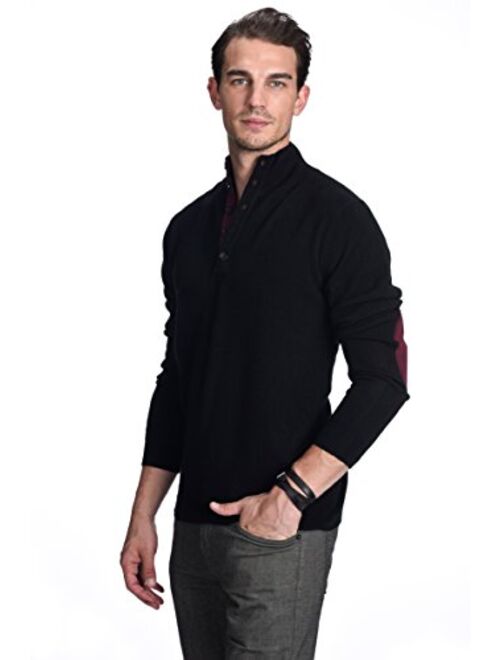 State Cashmere Men's Button Up Mock Neck Sweater 100% Pure Cashmere Long Sleeve Polo Quarter Collar Pullover