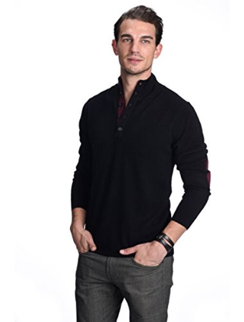 State Cashmere Men's Button Up Mock Neck Sweater 100% Pure Cashmere Long Sleeve Polo Quarter Collar Pullover