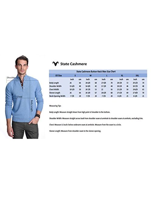 State Cashmere Men's Button Up Mock Neck Sweater 100% Pure Cashmere Long Sleeve Polo Quarter Collar Pullover