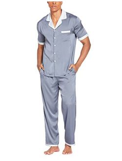 Men Silk Satin Pajamas Set Short Sleeve Button Down Sleepwear with Long Pants Silky Pjs Notch Collar Loungewear S-XXL