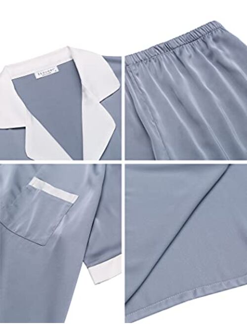 Ekouaer Men Silk Satin Pajamas Set Short Sleeve Button Down Sleepwear with Long Pants Silky Pjs Notch Collar Loungewear S-XXL