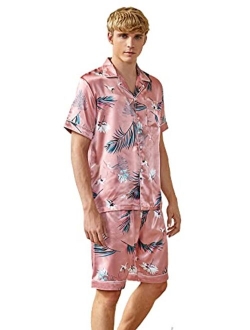Men's Satin Silk Pajama Set Short Sleeve Button Down Shirt and Shorts Sleepwear