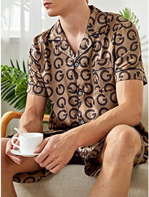 Romwe Men's Satin Silk Pajama Set Short Sleeve Button Down Shirt and Shorts Sleepwear