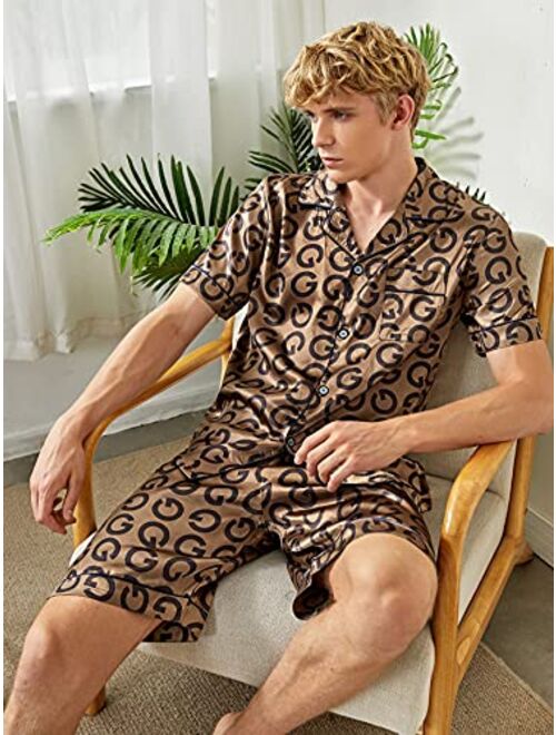 Romwe Men's Satin Silk Pajama Set Short Sleeve Button Down Shirt and Shorts Sleepwear